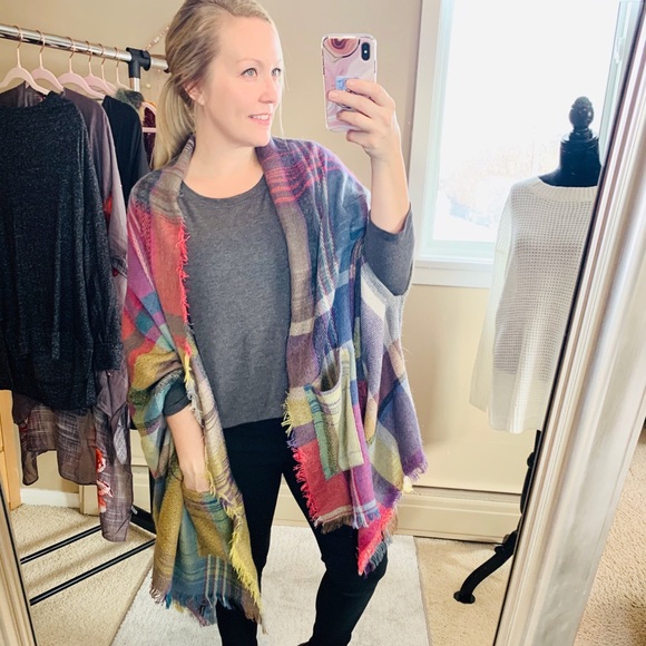 Boutique | Accessories | Plaid Pocket Ruana Poncho Blanket Wrap Shawl ...